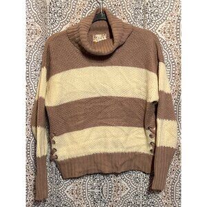 Striped Turtleneck Knit Sweater With Lace-Up Side Details Womens M